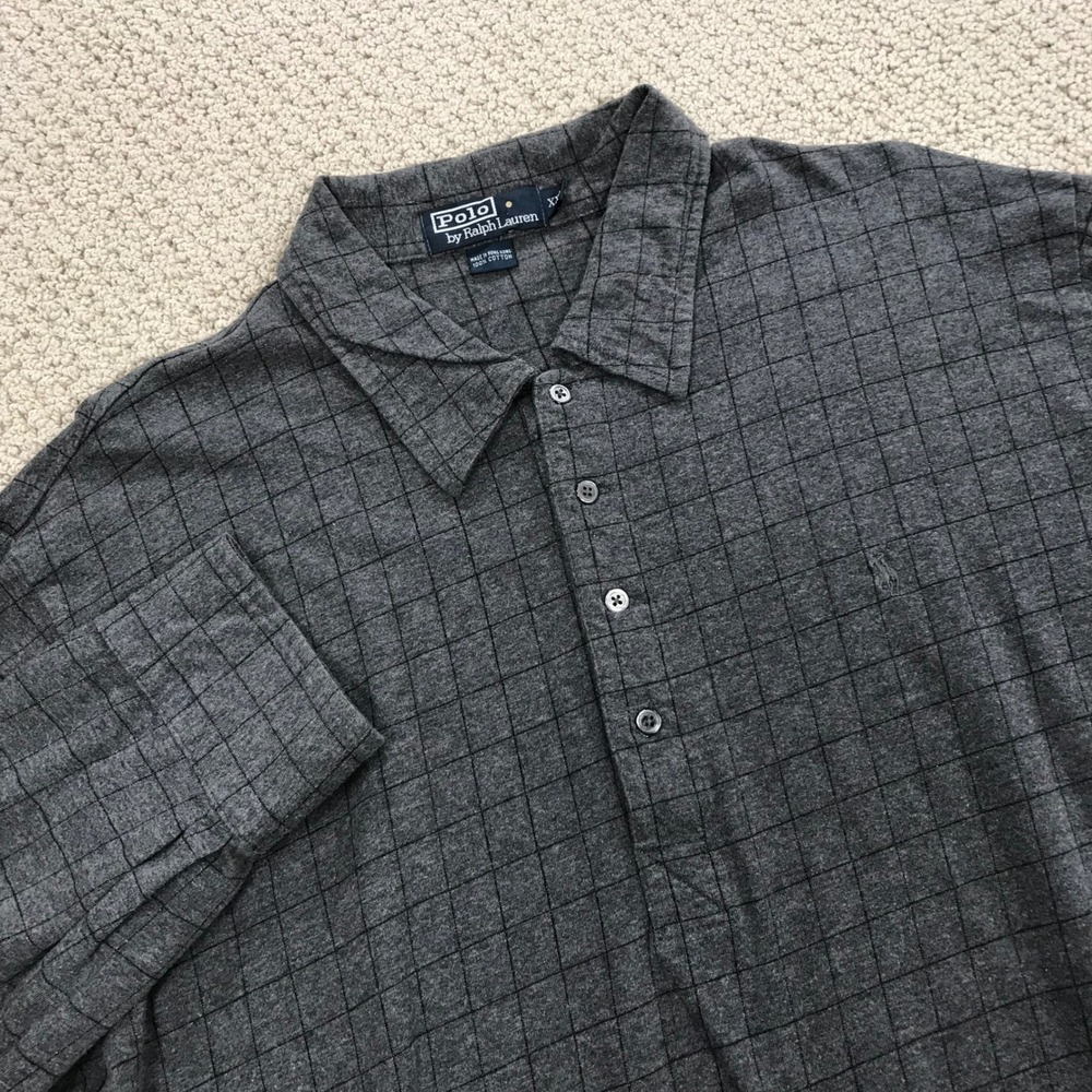 Polo Ralph Lauren Mens XXL Grey Windowpane Grid Long Sleeve Cotton Polo Shirt
